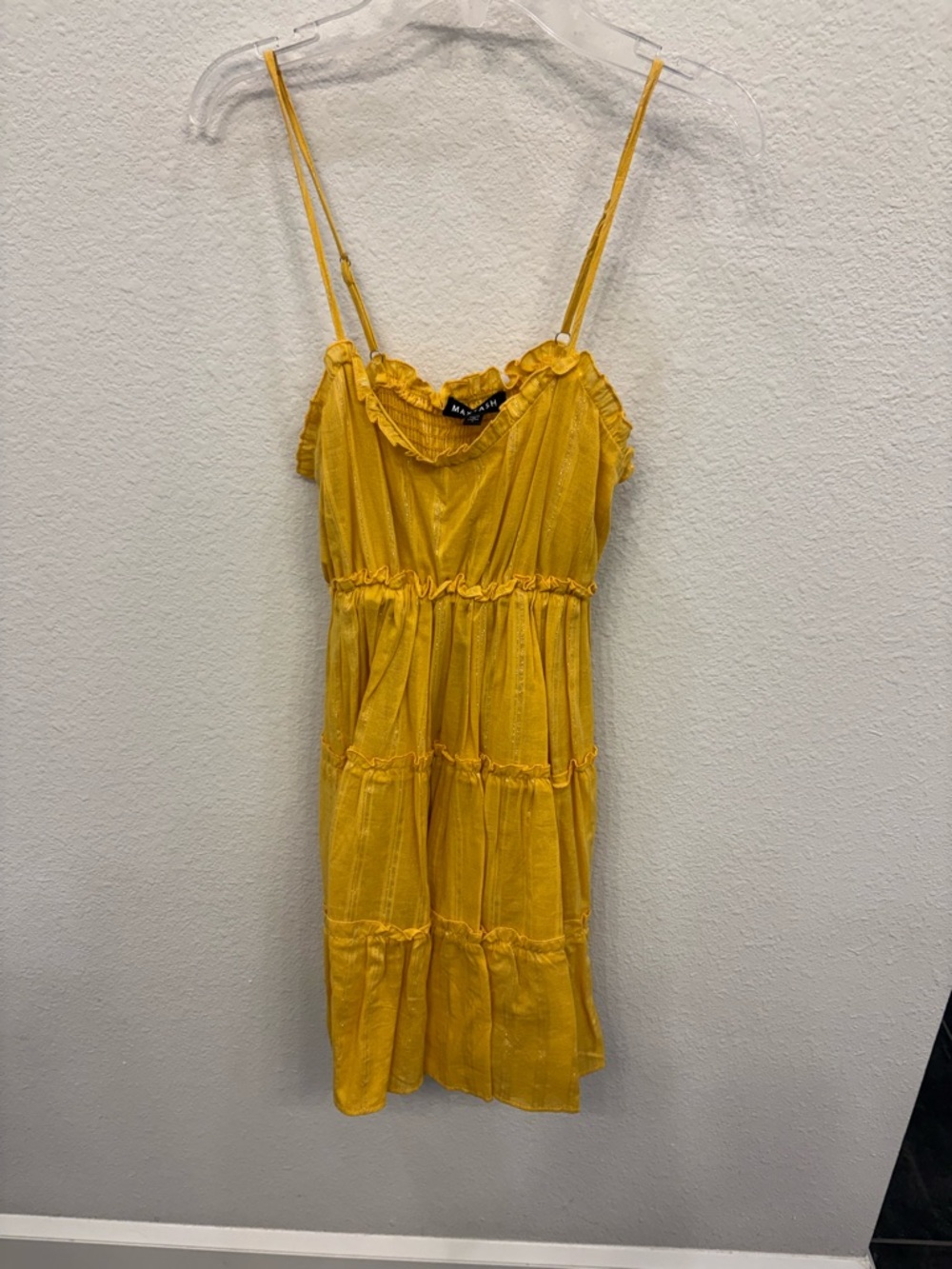 Sunny Yellow Ruffle-Trim Tiered Spaghetti-Strap Mini Dress